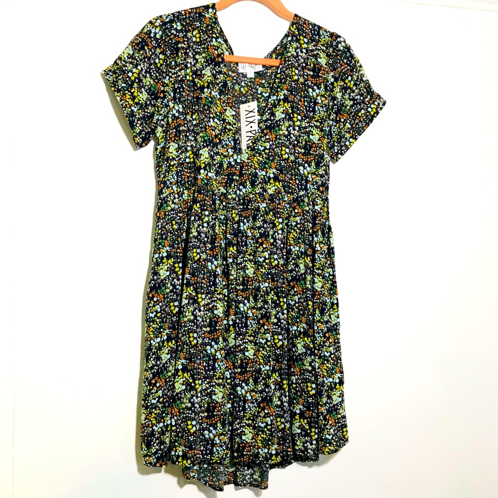 XIX PALMS Button Up Blue & Green T-Shirt Dress